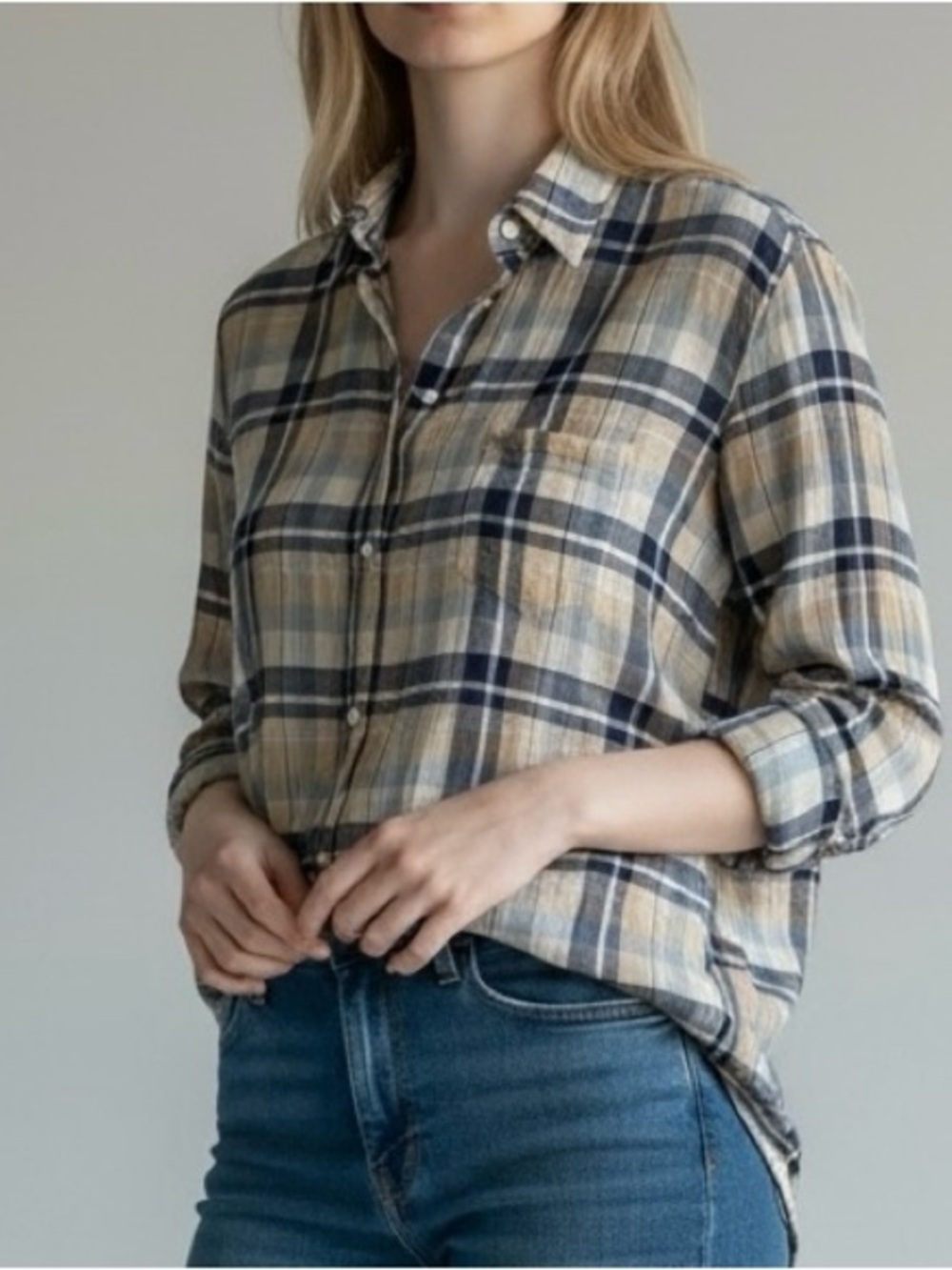Nili Lotan Lydia Plaid Voile Shirt L Sheer Cotton Button Down Blue Brown